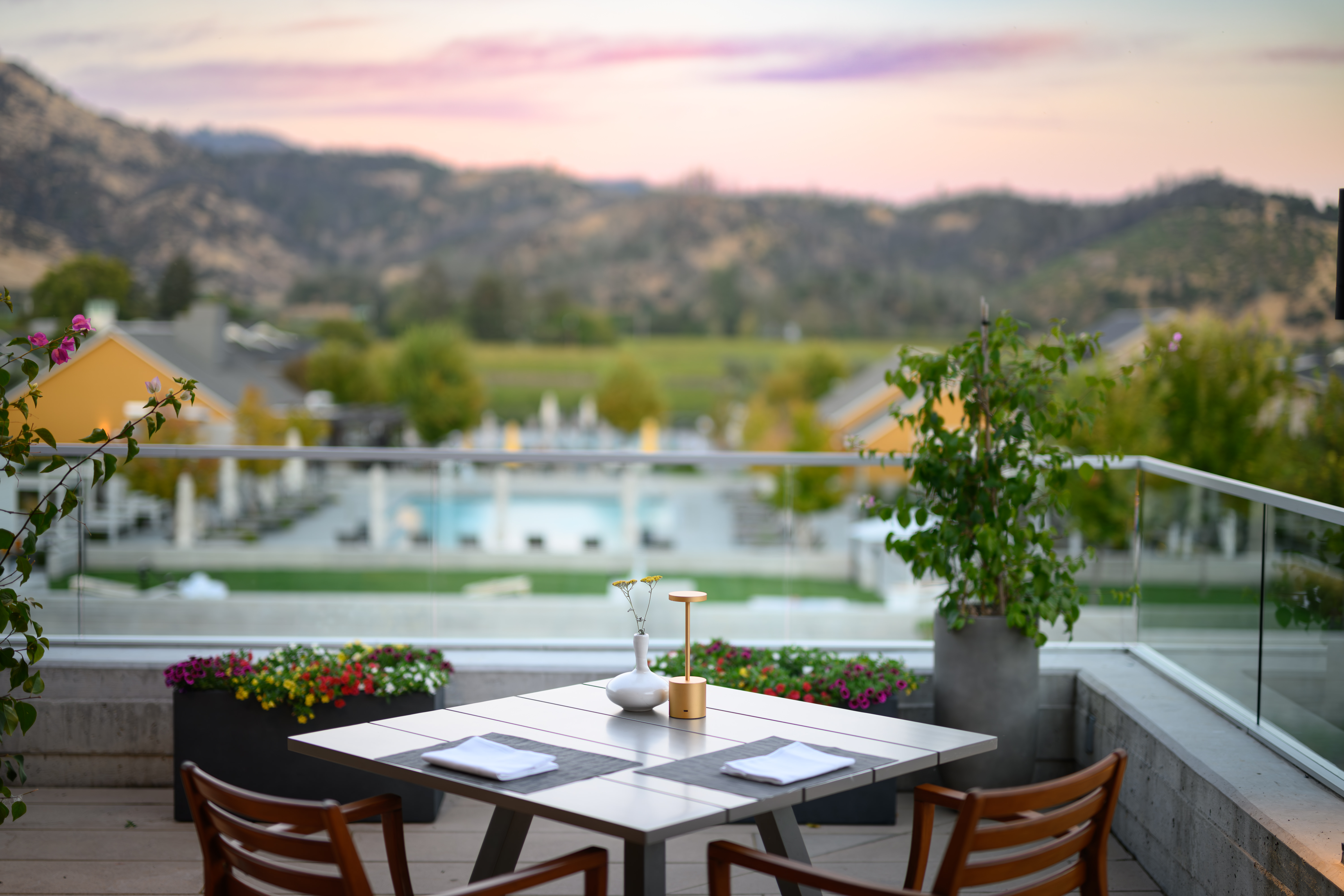 a table set up for dining with view