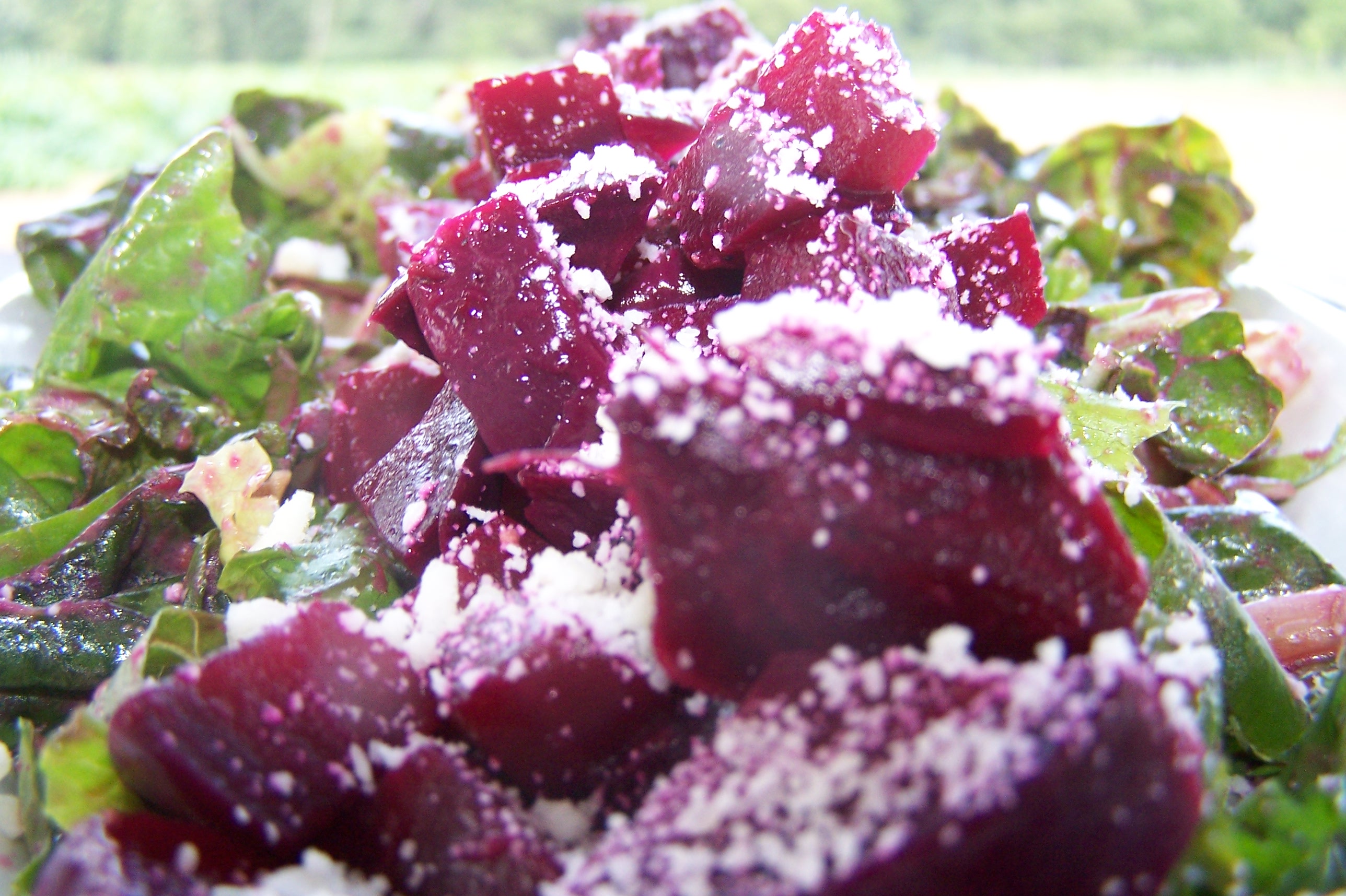 a close up of a piece of beet salad on a plate