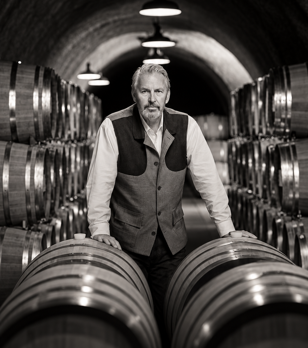 a man standing in a wine cellar