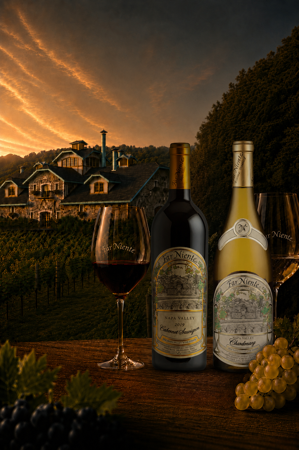 a group of wine bottles and a glass of wine