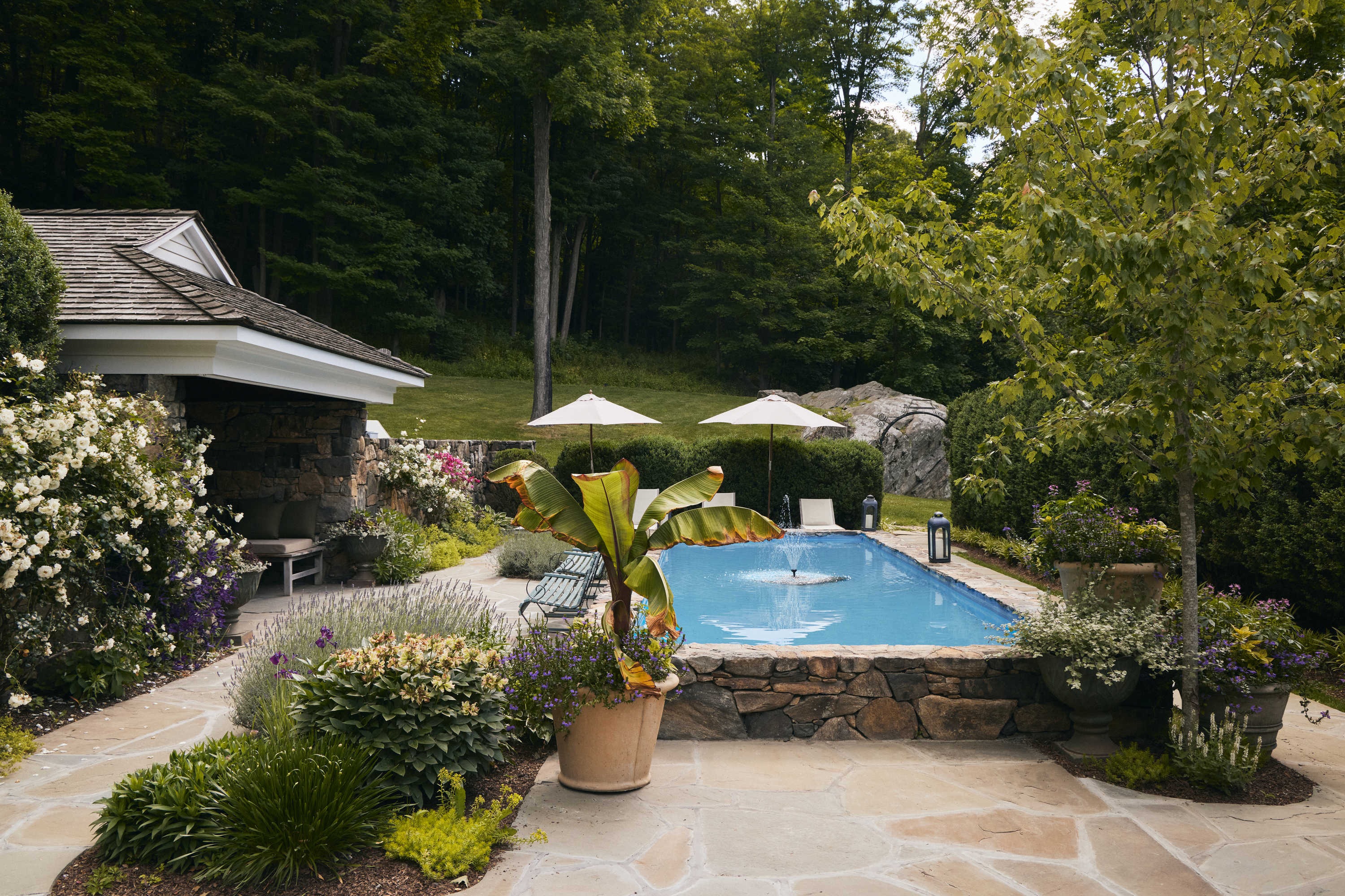 a house with bushes in the background