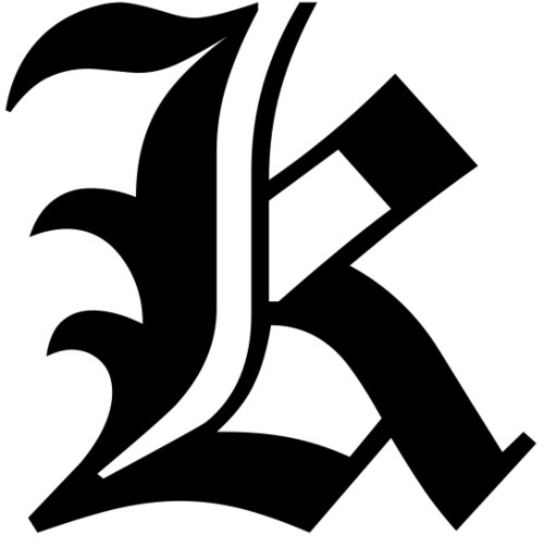 a black letter k on a white background
