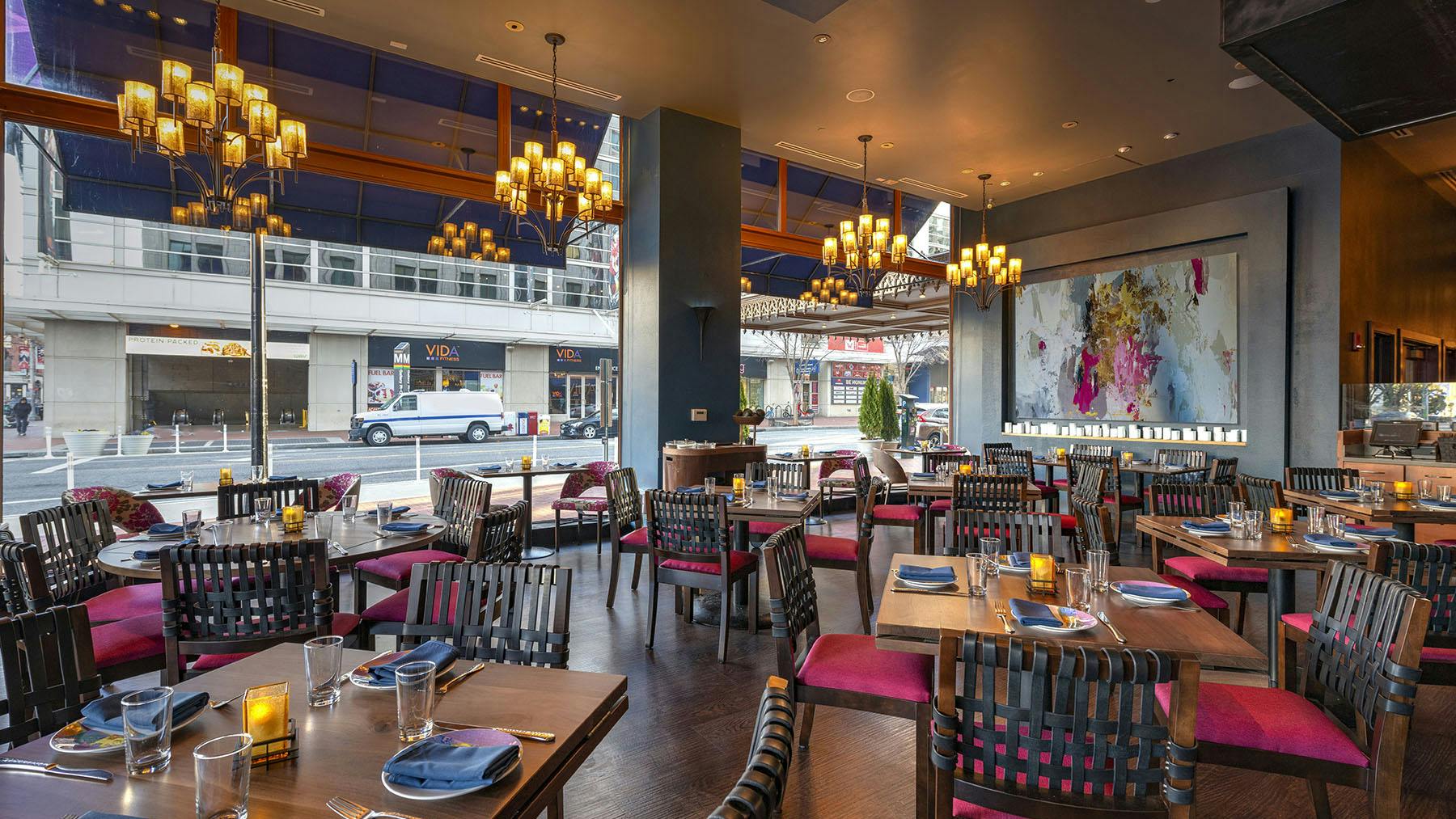 a dining room table in front of a building