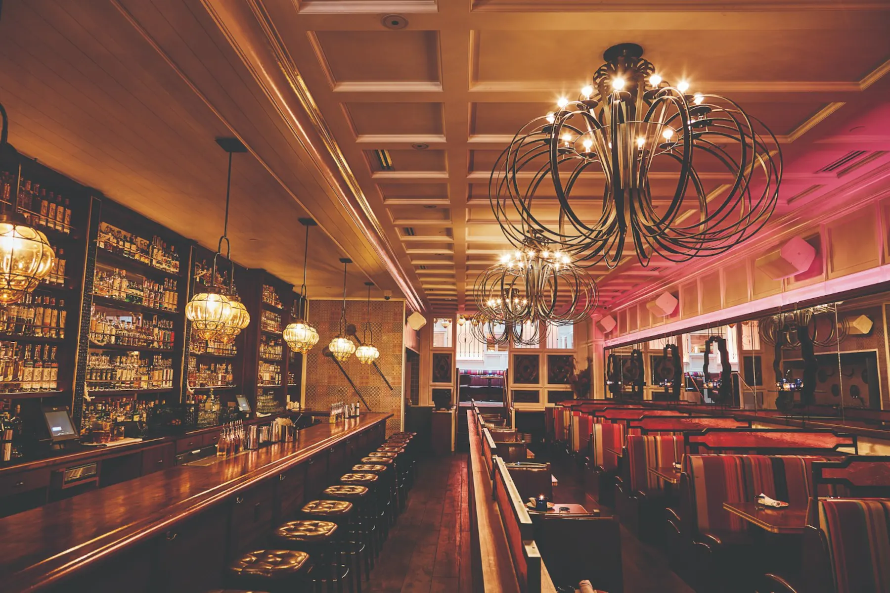 lit up dining room and bar at Rosa Mexicano in Tribeca, NY