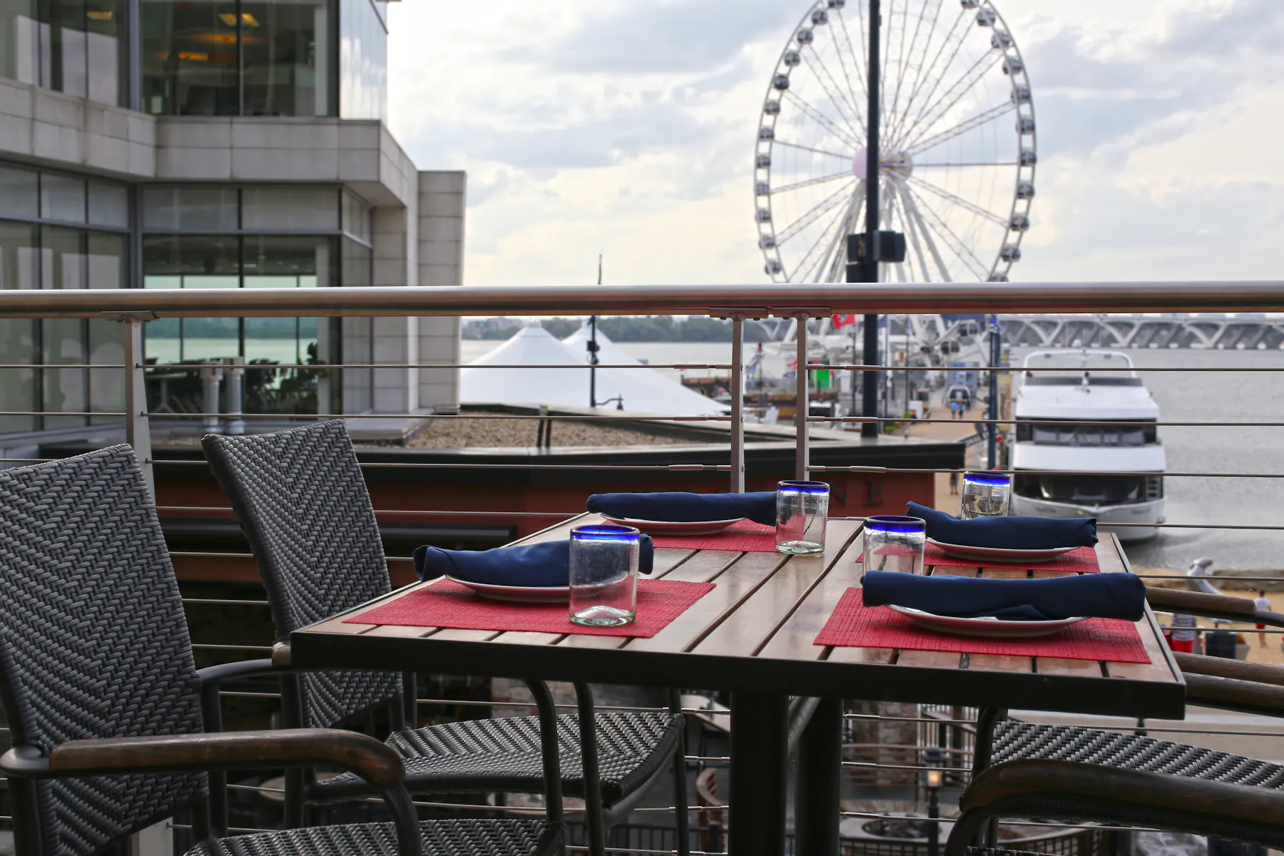 dining table at Rosa Mexicano at National Harbor, MD overlooking a ferris wheel