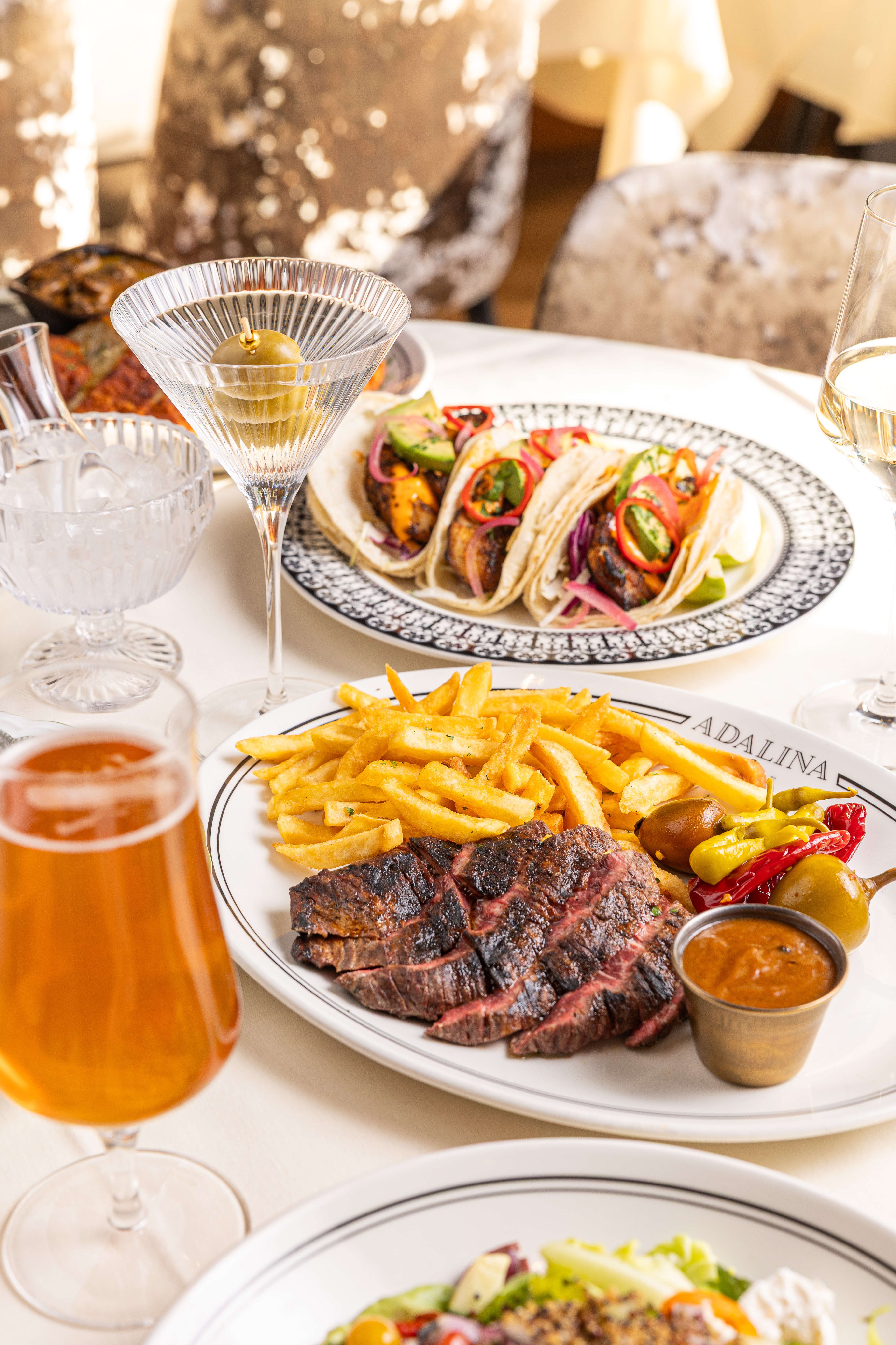 Adalina Prime Lunch, Steak frites, Fish tacos, Beer, Dirty martini, White wine