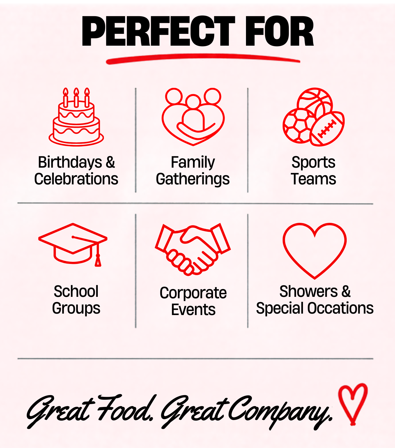 a white paper with red text and symbols. birthdays and celebrations, family gatherings, sports teams, school groups, corporate events, showers and special occasions