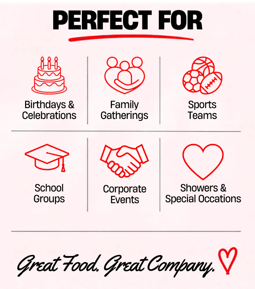 a white paper with red text and symbols. birthdays and celebrations, family gatherings, sports teams, school groups, corporate events, showers and special occasions