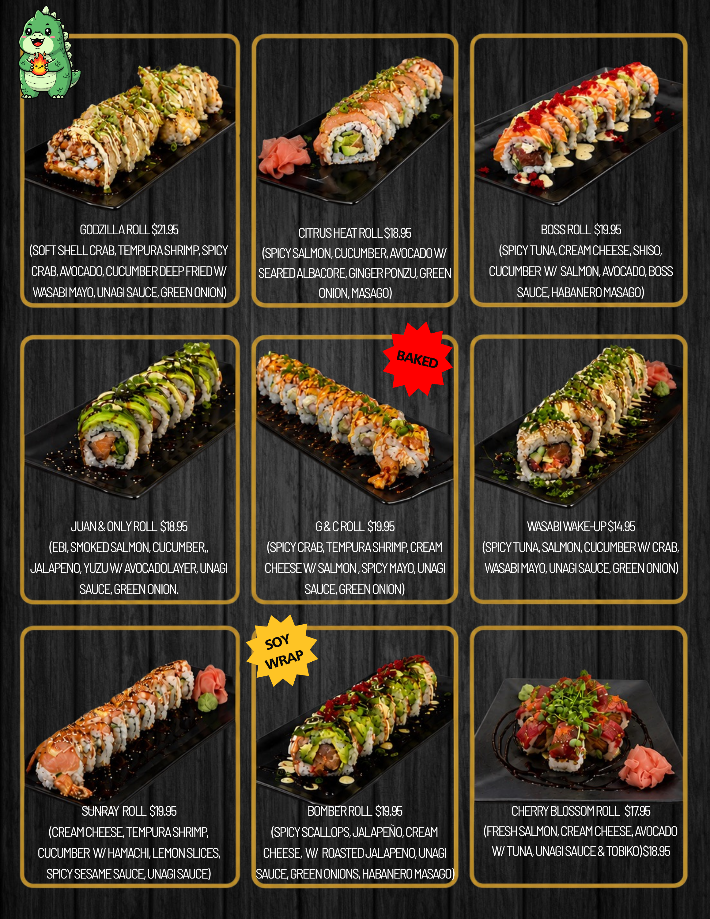 a menu of sushi rolls