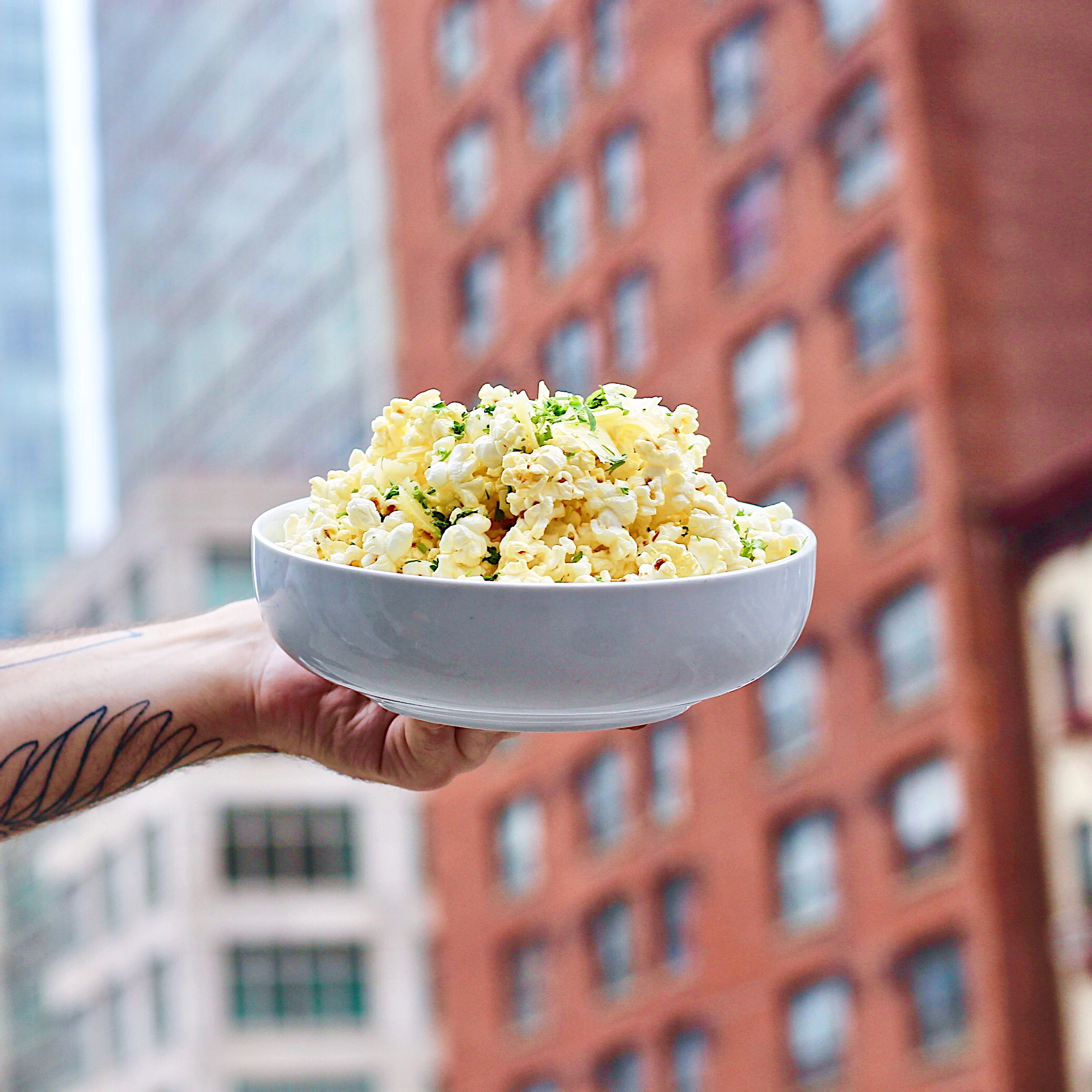 a close up of food on a brick building
