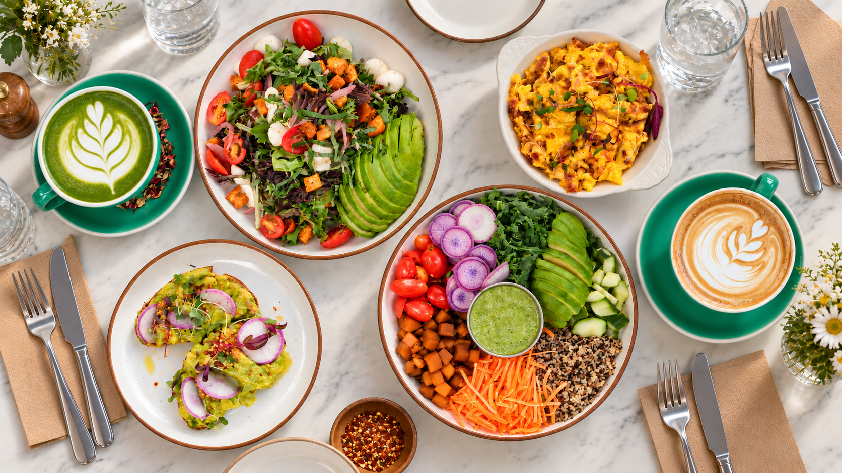 a group of plates of food