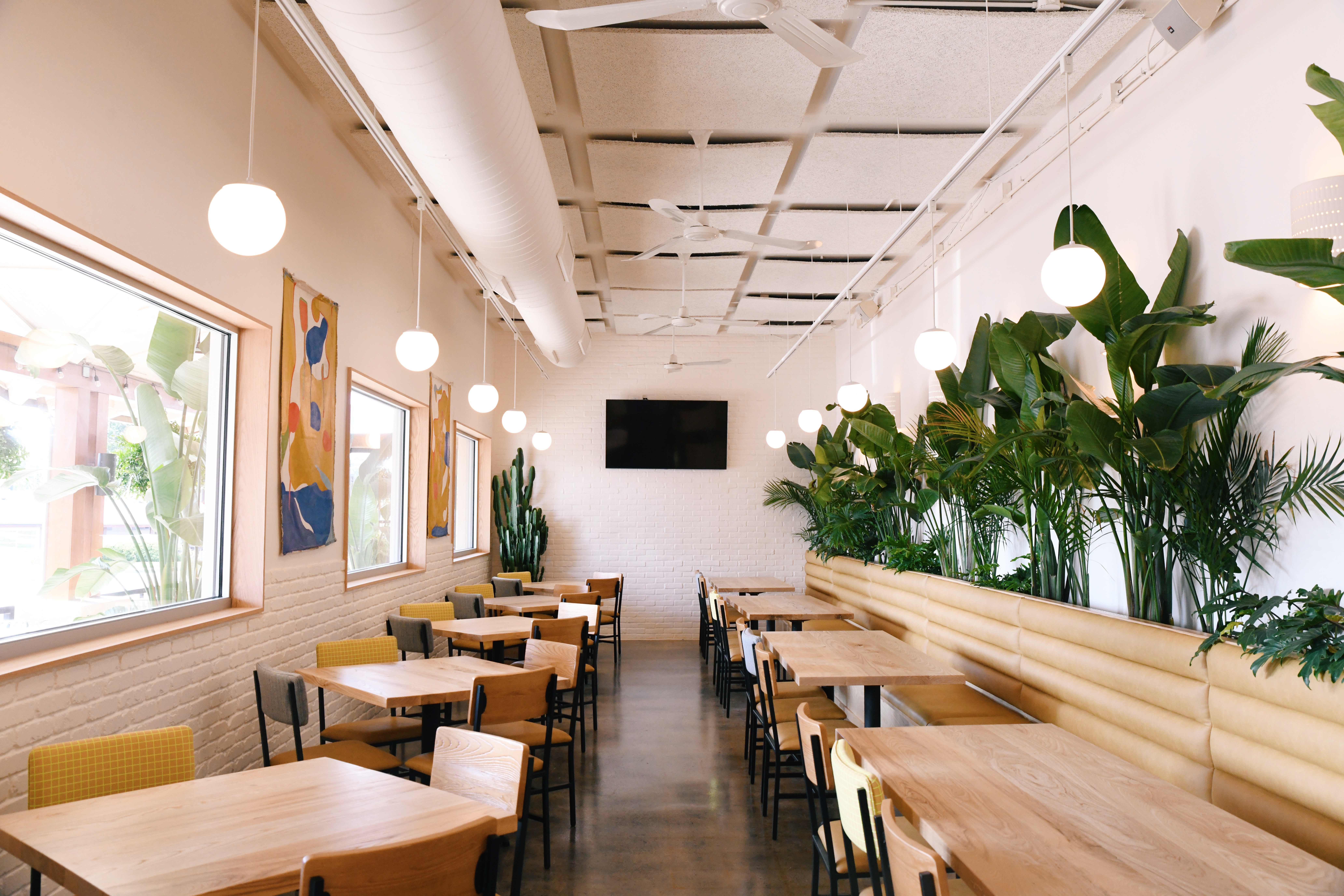 a room with tables and plants