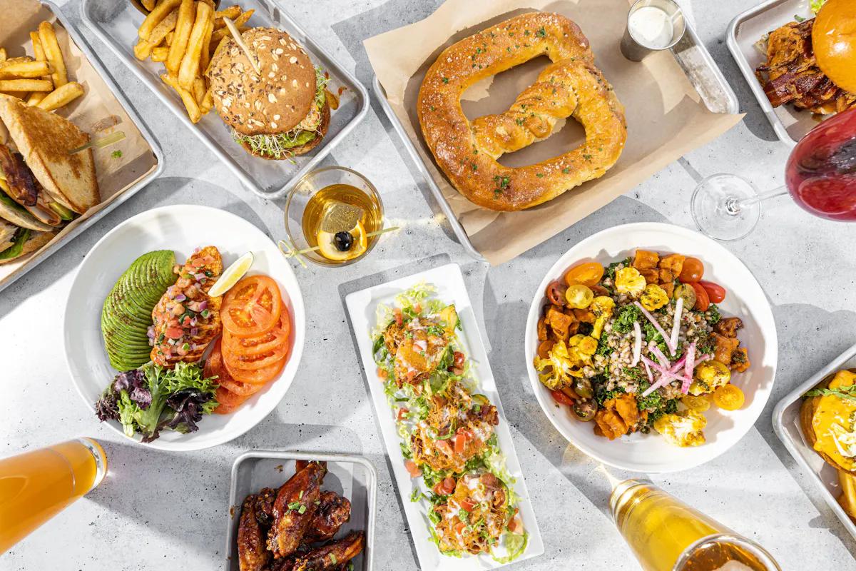 a table with food and drinks