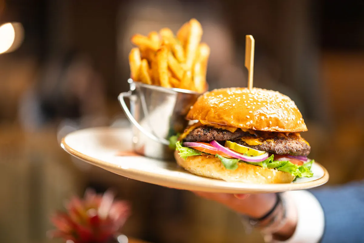 a hand holding a plate of burger and fries