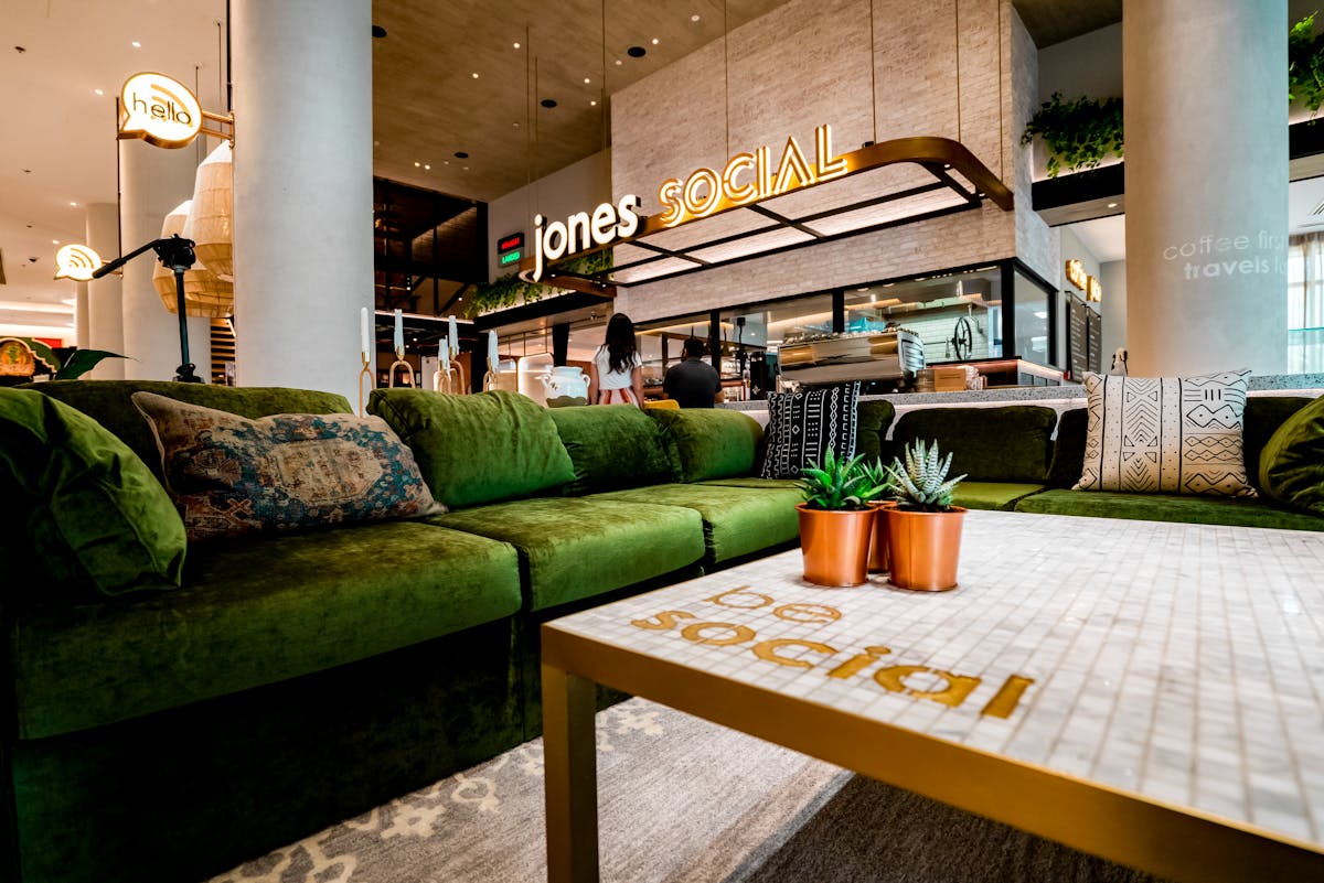 a living room with a couch and a table