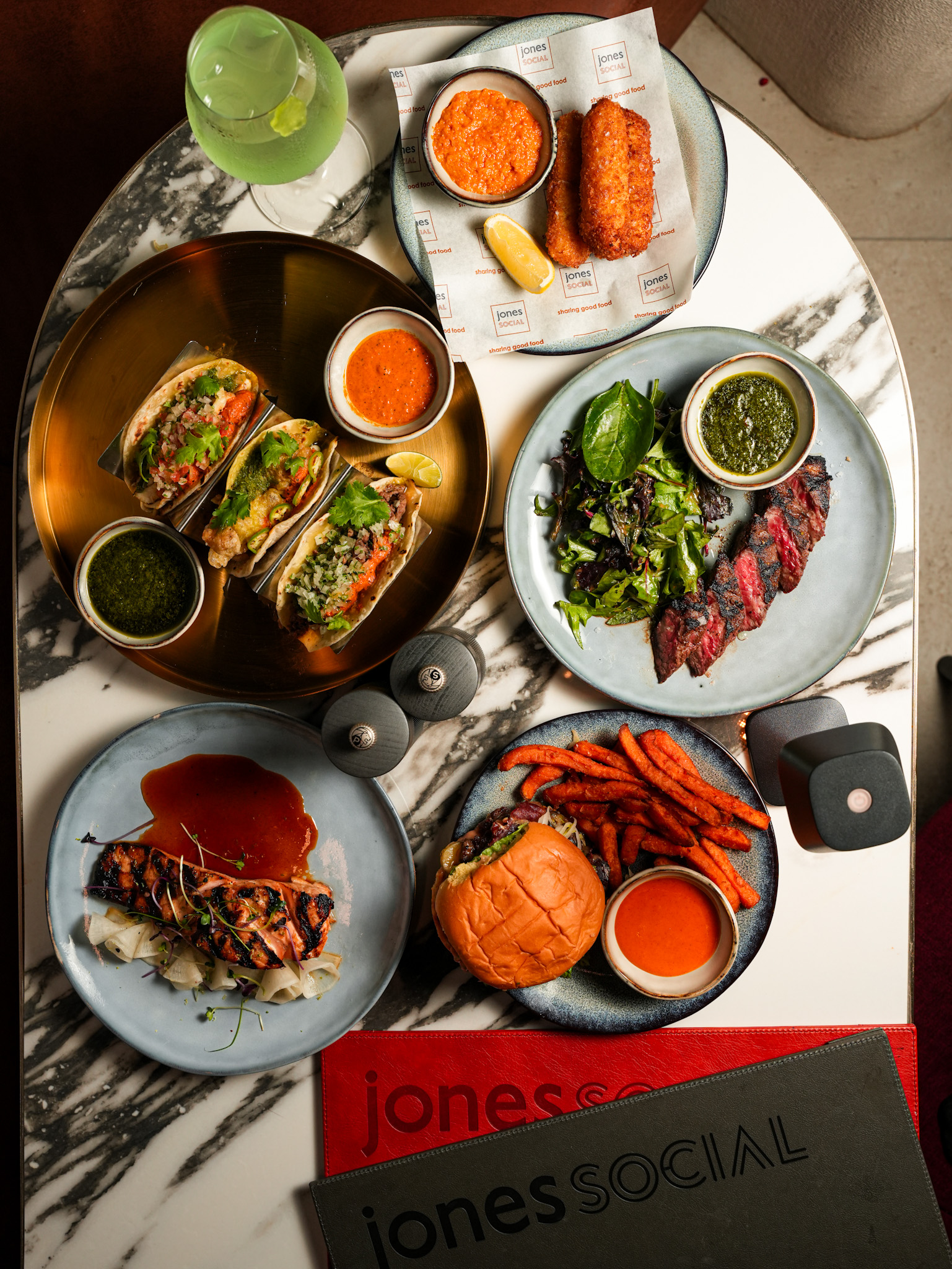 a table with plates of food