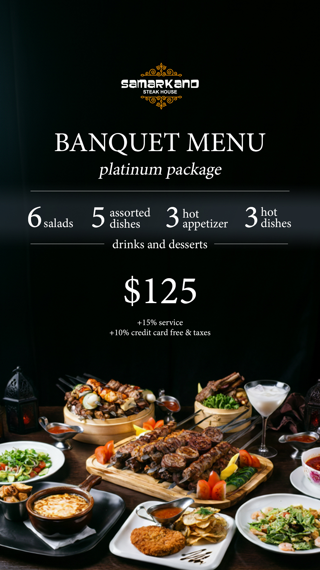 a buffet menu with a variety of food on it