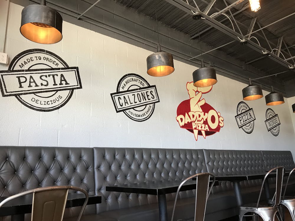 a room that has a sign on a table