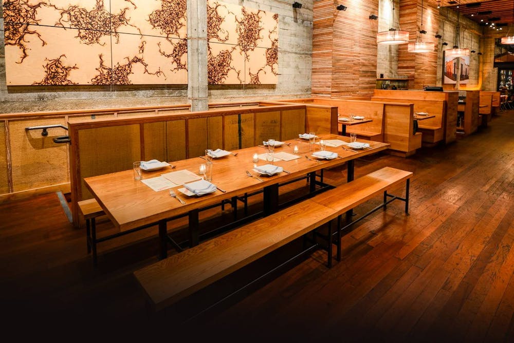 a long wooden table in a room
