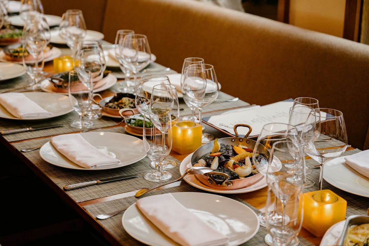 a dining table with a plate of food