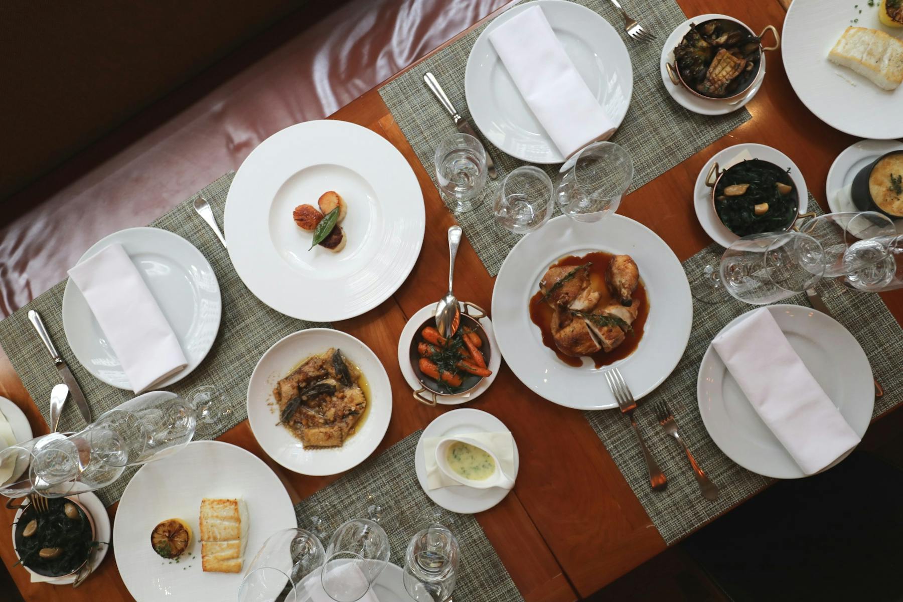 overhead shot of full table of food