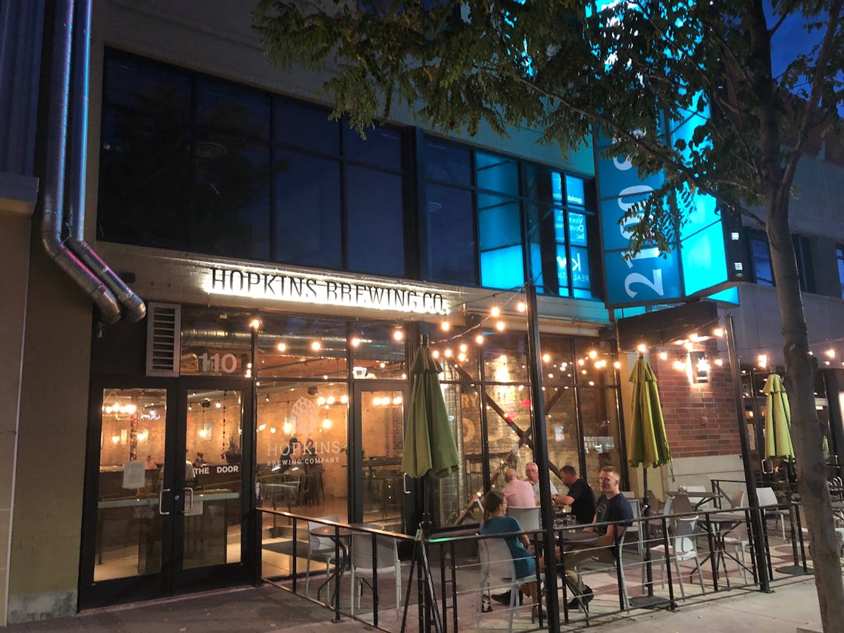 a store front at night