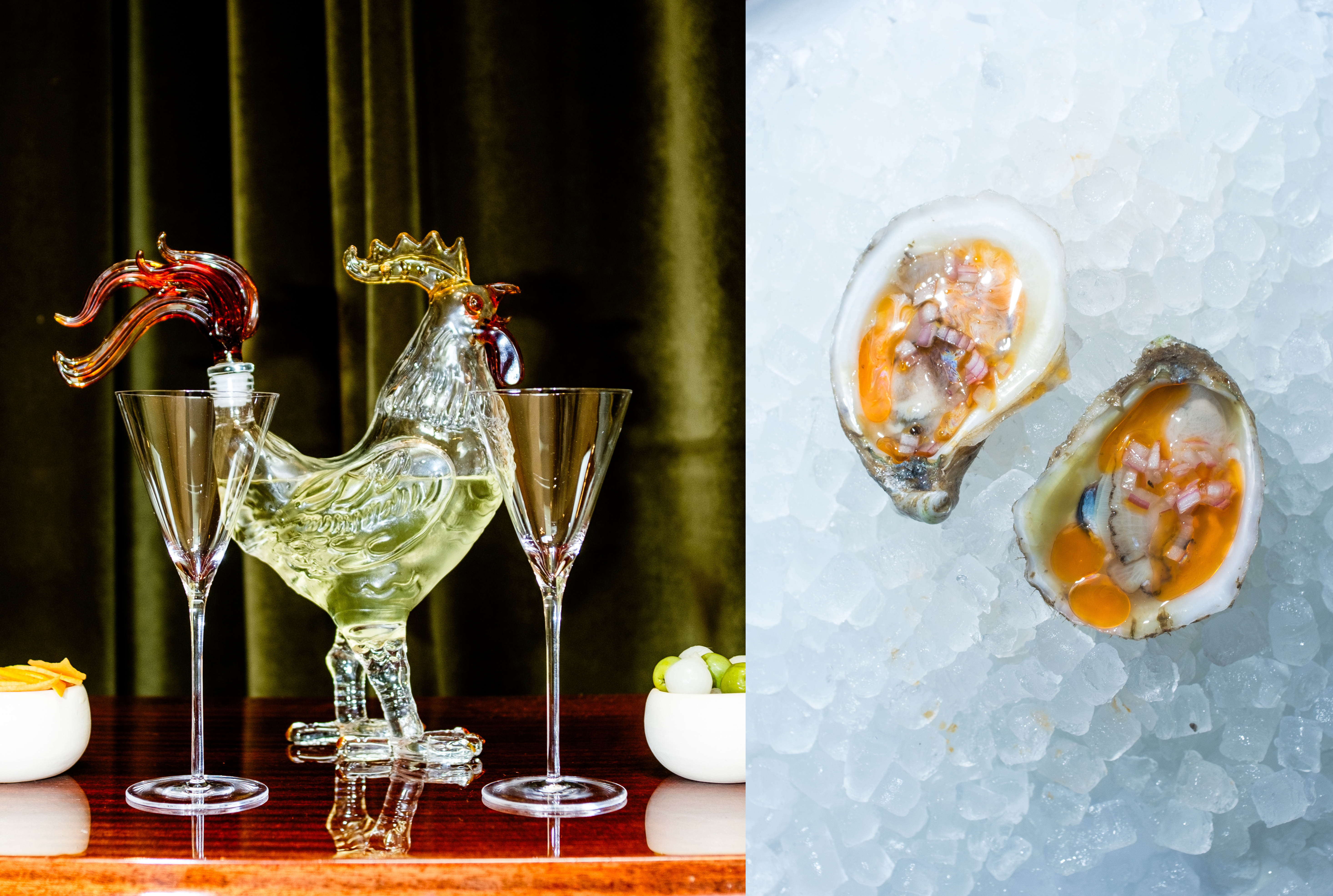 a chicken shaped glass and a glass of wine