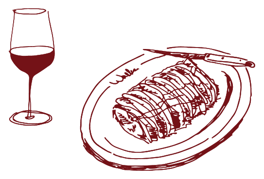 an illustration of a glass of wine and a plate of food