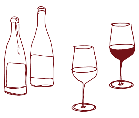 an illustration of wine bottles with glasses of wine
