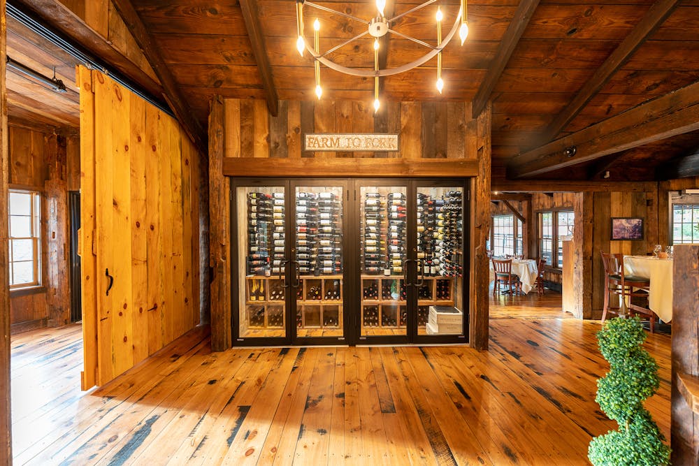 a dining room table in front of a building