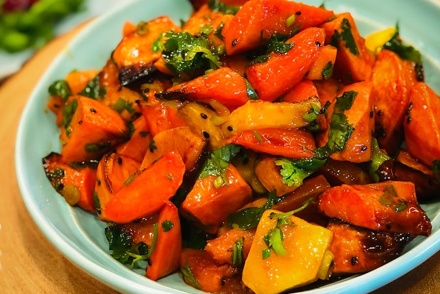 Sesame Maple Glazed Butternut Squash, Yams and Carrots Claudine