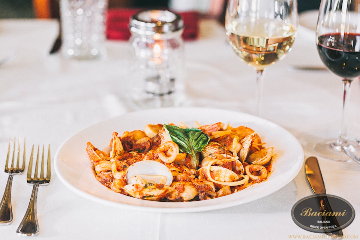 a plate of food and glasses of wine on a table