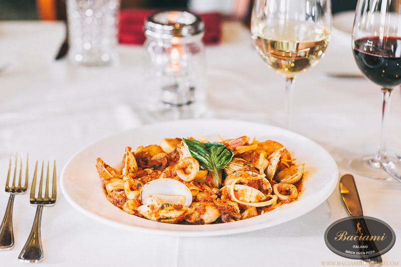 a plate of food and glasses of wine on a table
