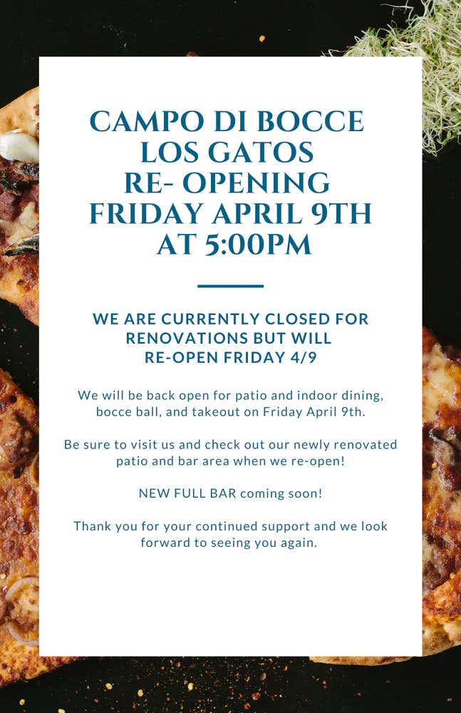Los Gatos Hours + Location Campo Di Bocce Italian Restaurants
