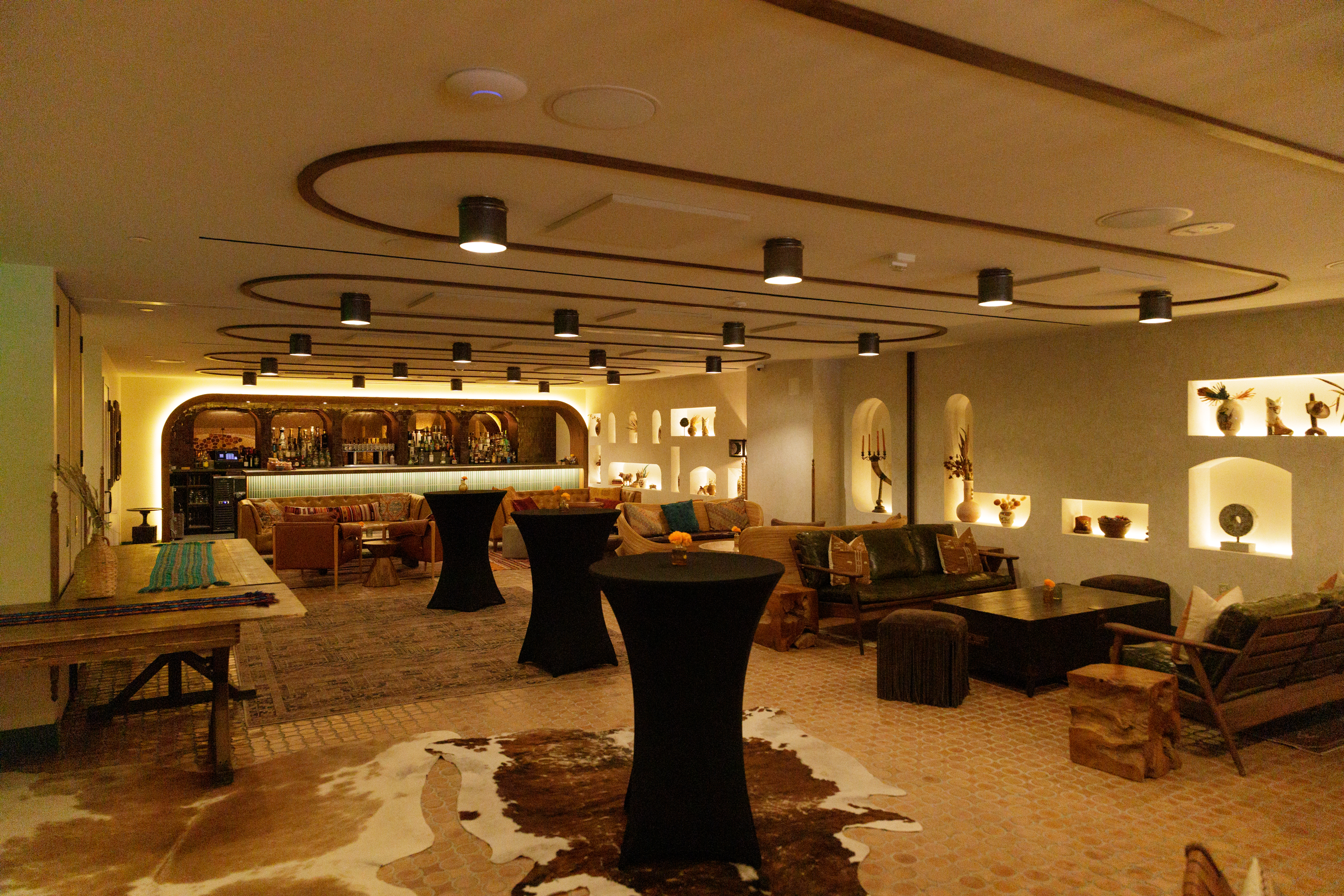 a large room with tables and chairs