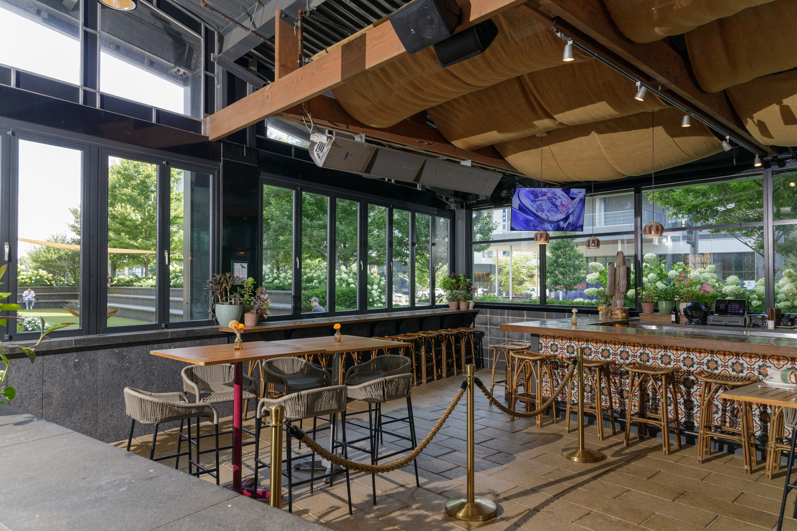 a dining room table in front of a building