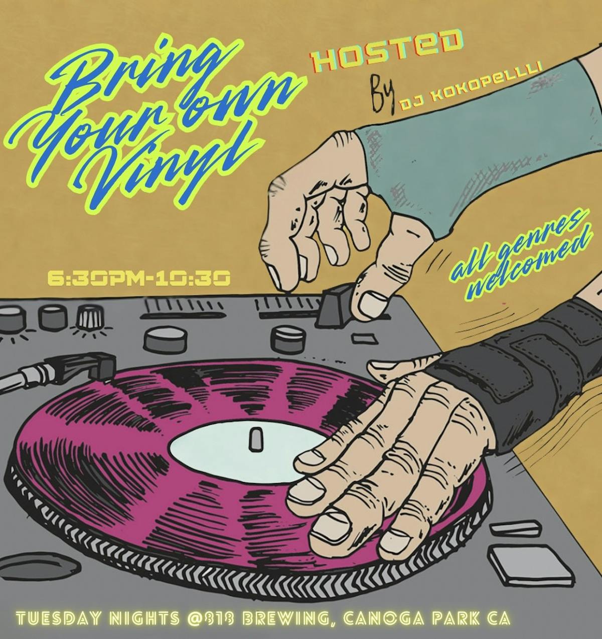 hands playing vinyl on record player promoting vinyl night at 818 brewing on tuesdays