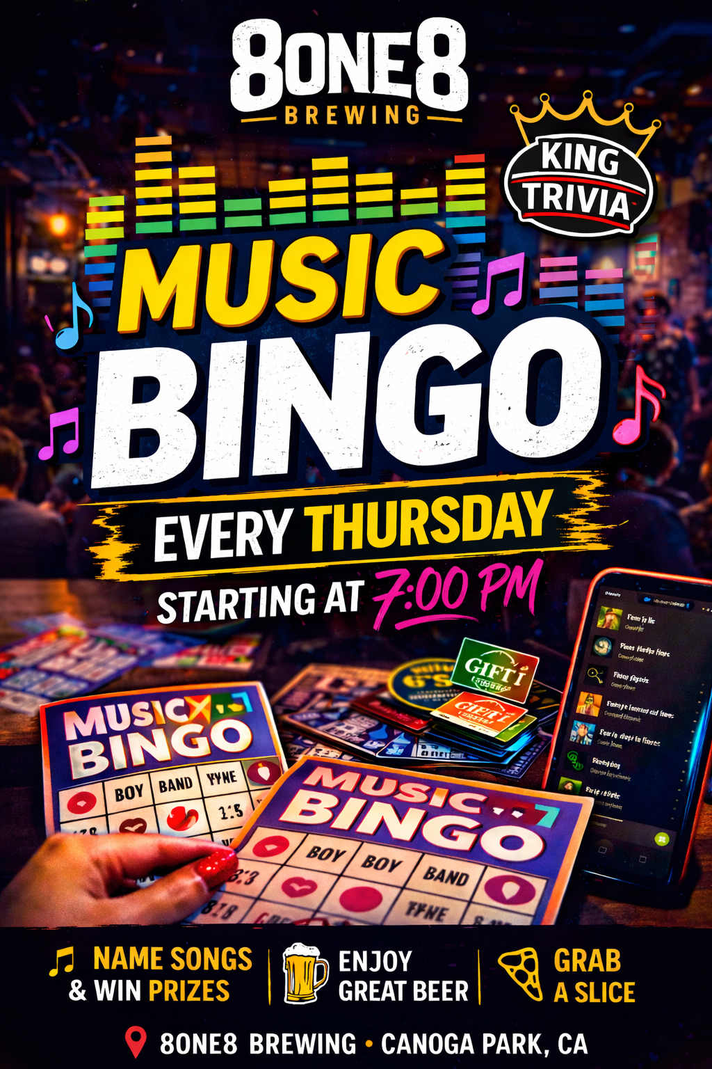 Music Bingo hosted by King Trivia every Thursday at 8one8 Brewing in Canoga Park with bingo cards, song playlists, prizes, and craft beer.