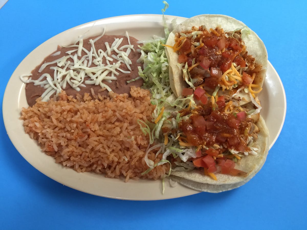 hash browns, rice, beans and tacos