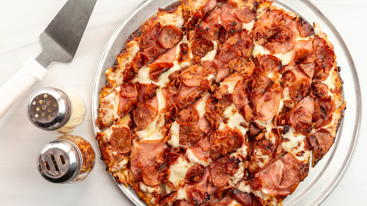 a pizza sitting on top of a plate of food