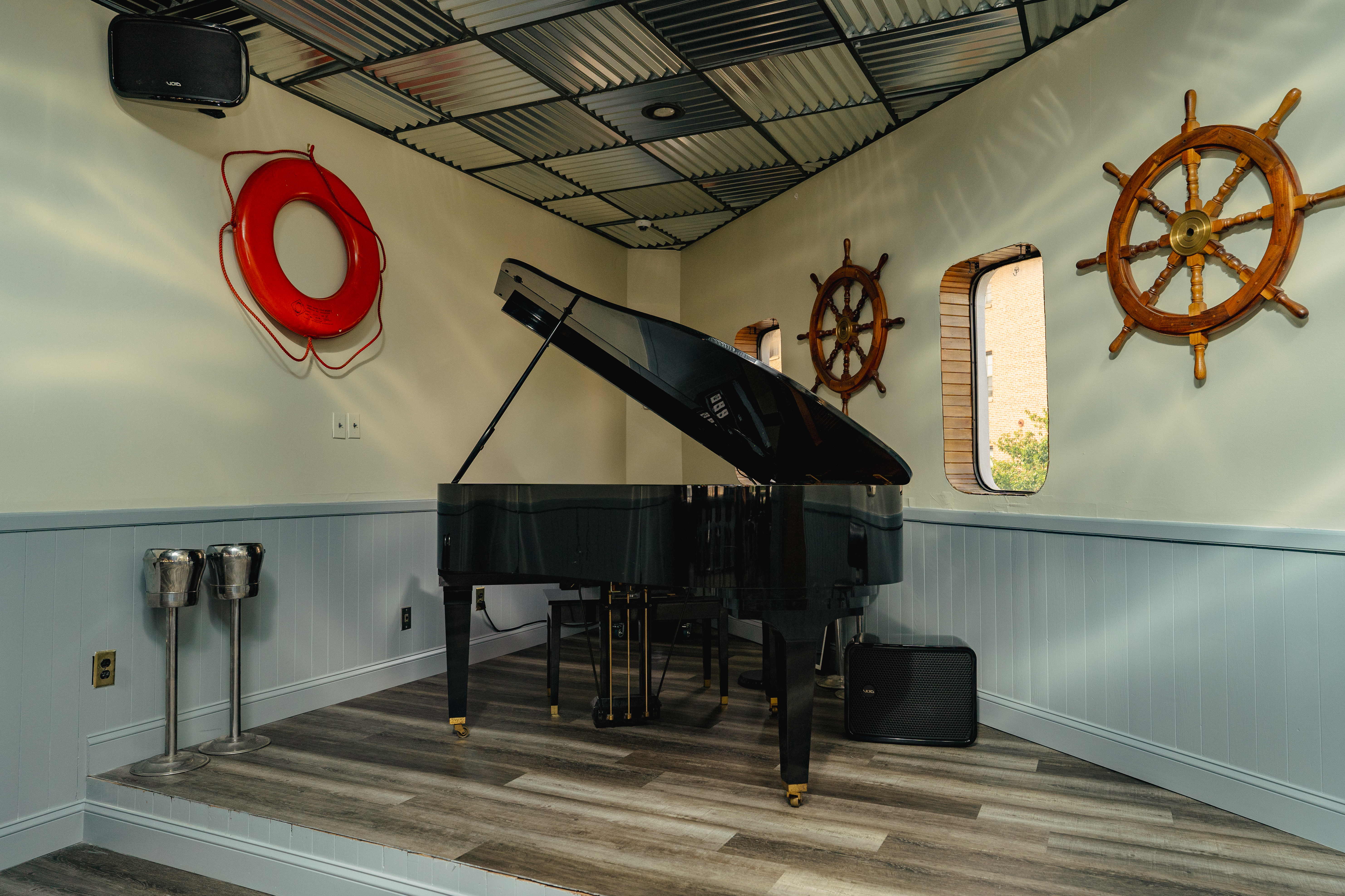 a clock hanging from the ceiling