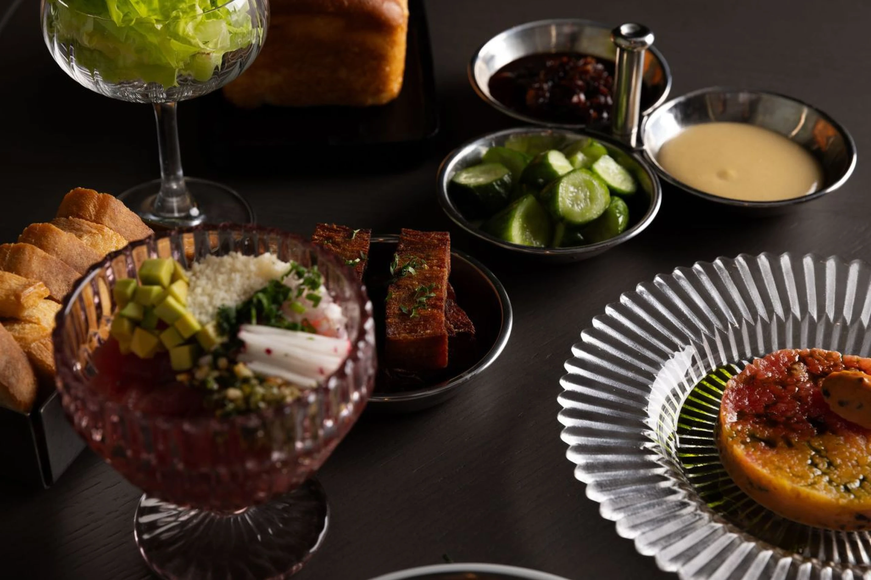 Dishes with assorted sauces and sides