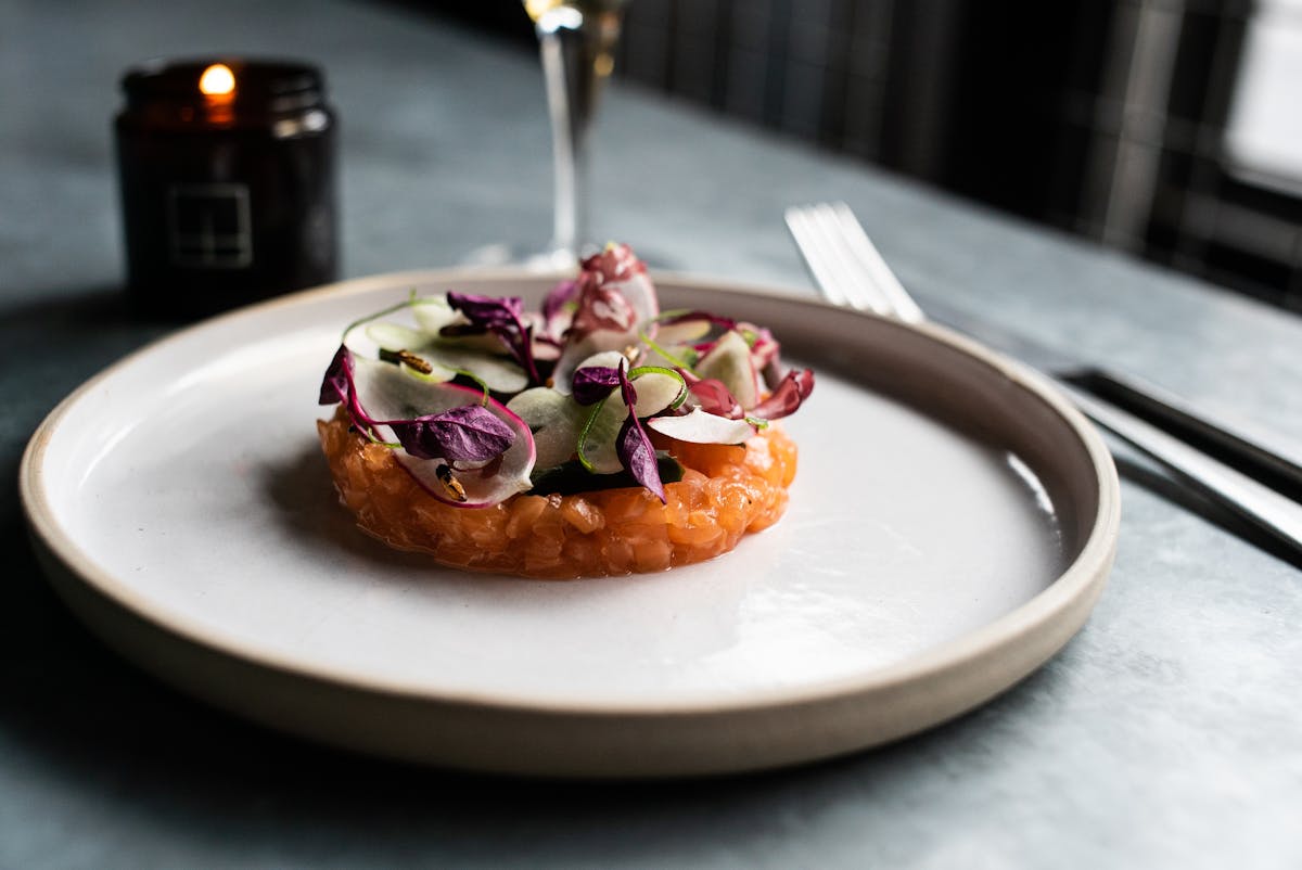 a close up of a plate of food on a table