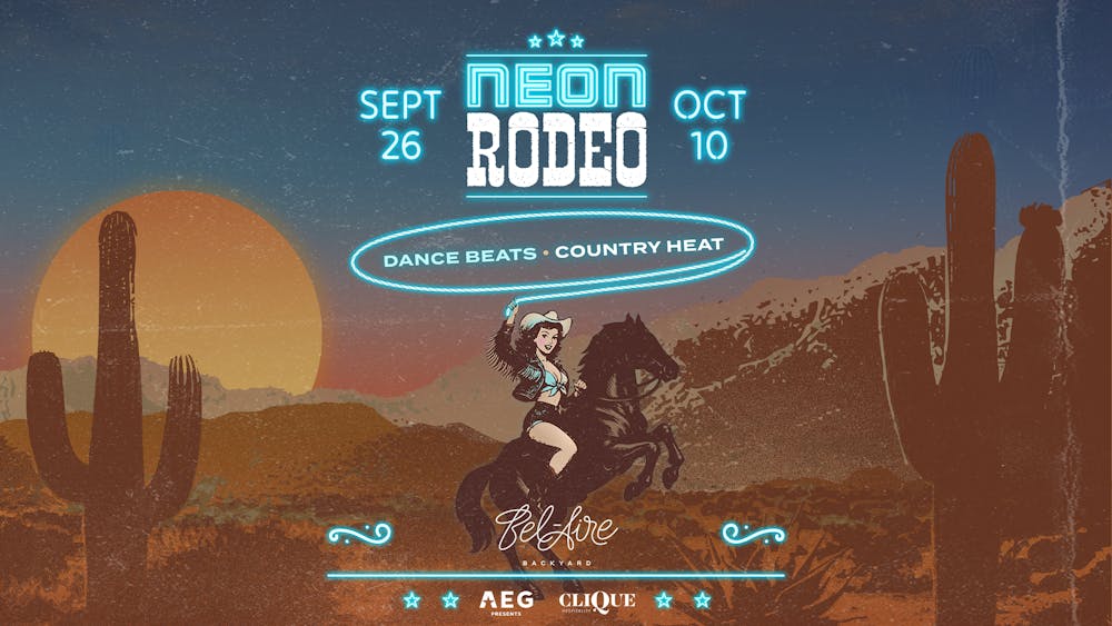 the graphic with a girl riding a horse with the neon rodeo event dates: September 26 and October 10 at bel-aire backyard