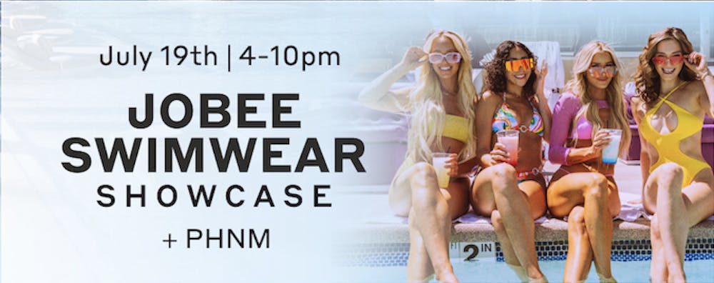 A photo of four girls in Jobee Swimwear, a local swimwear company that is doing a pop up store at Bel-Aire Backyard on Friday, July 19th