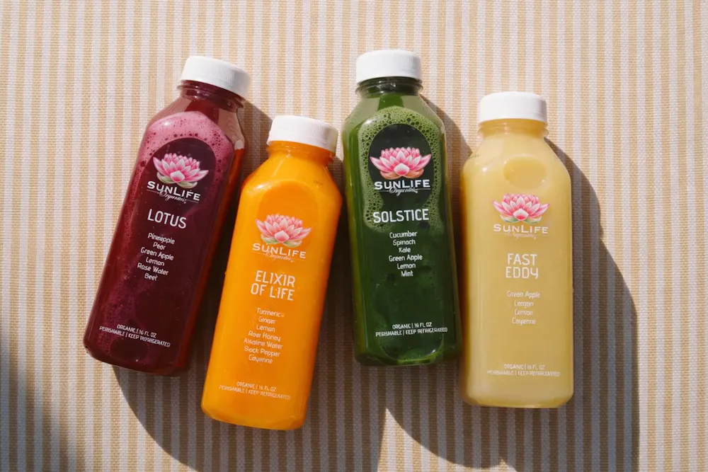 SunLife Organics juices at Bel-Aire Backyard featuring Lotus, Elixir Of Life, Solstice and Fast Eddy for outdoor dining in Las Vegas.