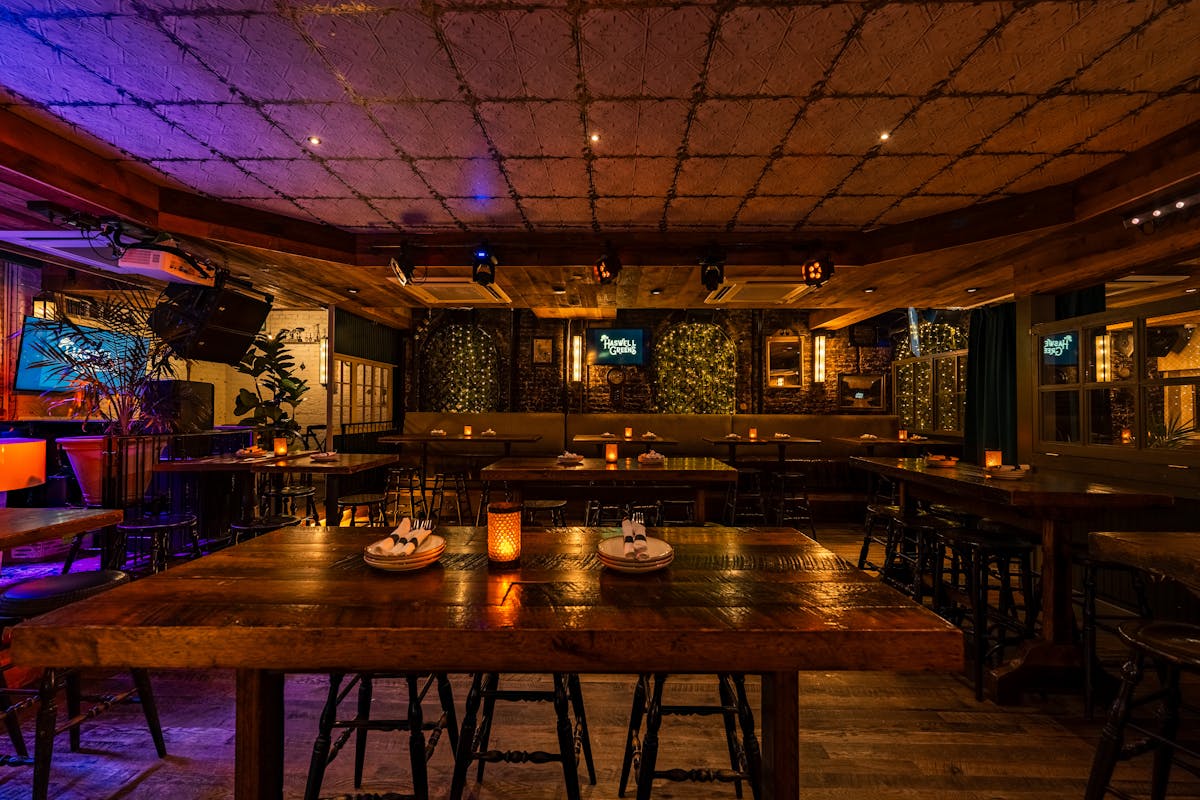 a dining room table in front of a building