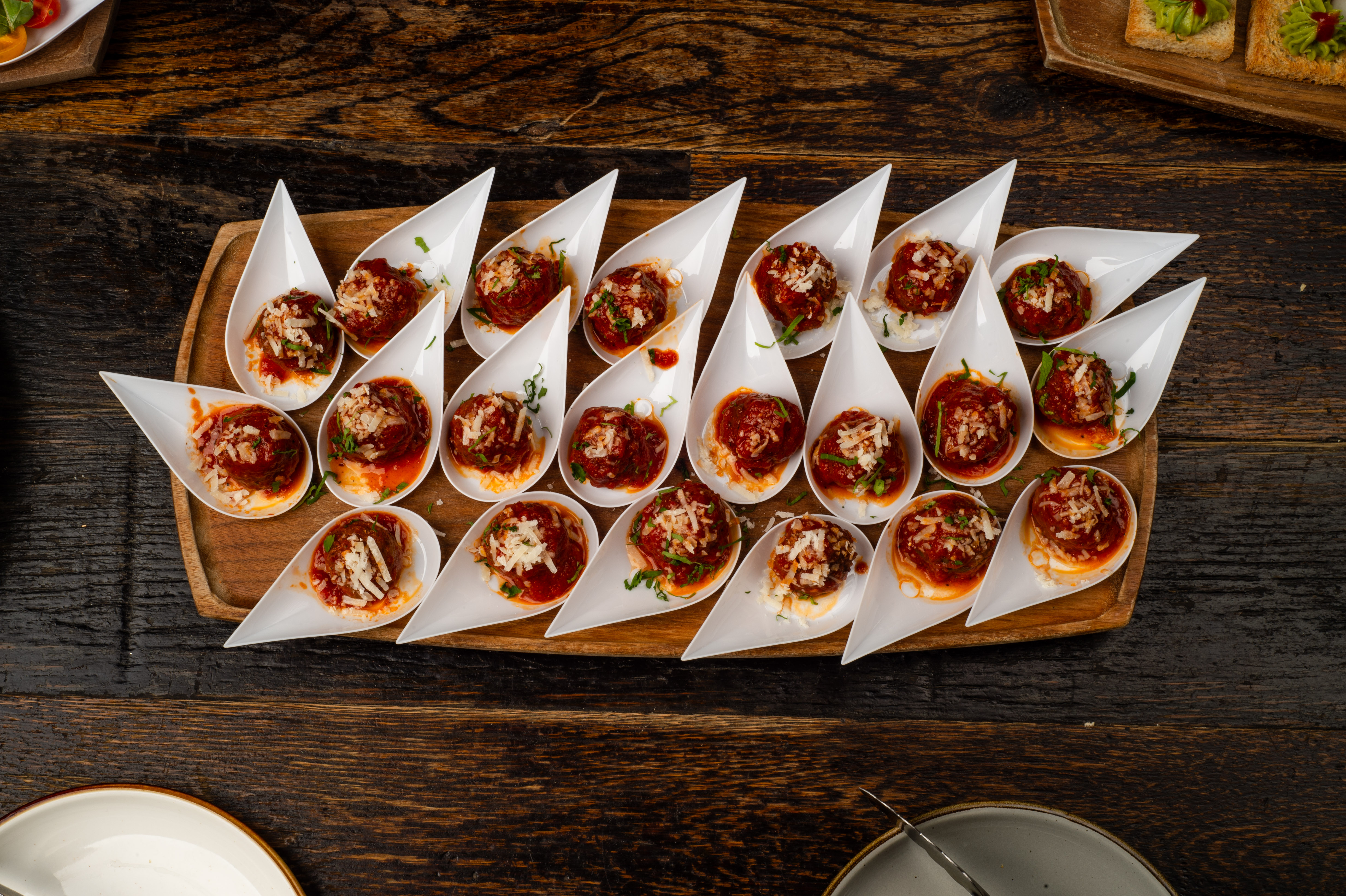 a tray of food on a wooden surface