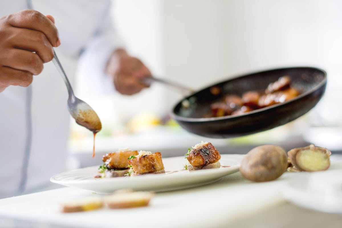 a plate of food with a fork and knife