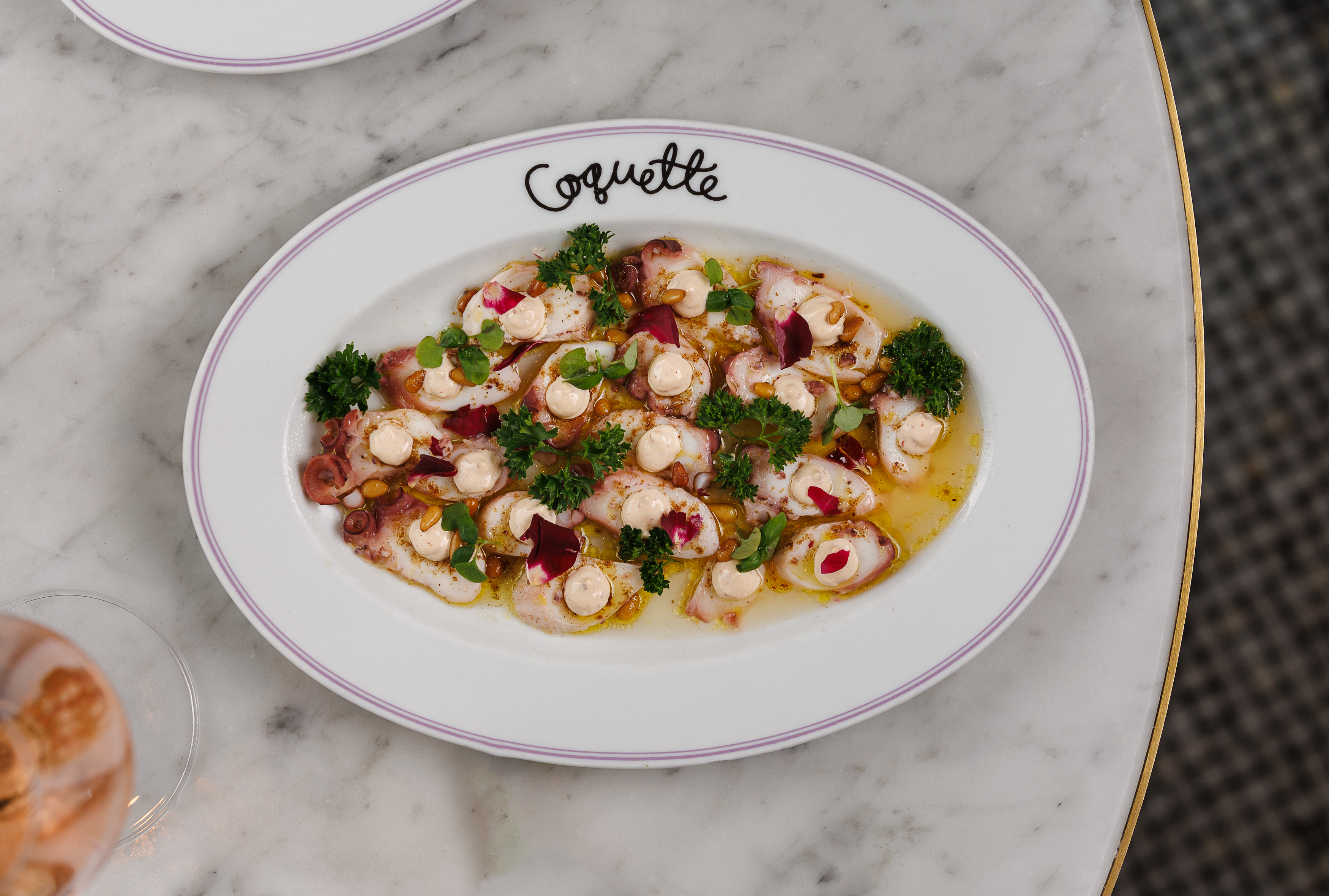 Octopus Carpaccio  citrus vinaigrette, harissa yogurt, tunisian five spice, lemon oil, pine nuts & rose